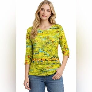 Chico’s Scenic Mood T-Shirt 3/4 Length Sleeves Colorful Casual.  Sz L / 12. NWT!